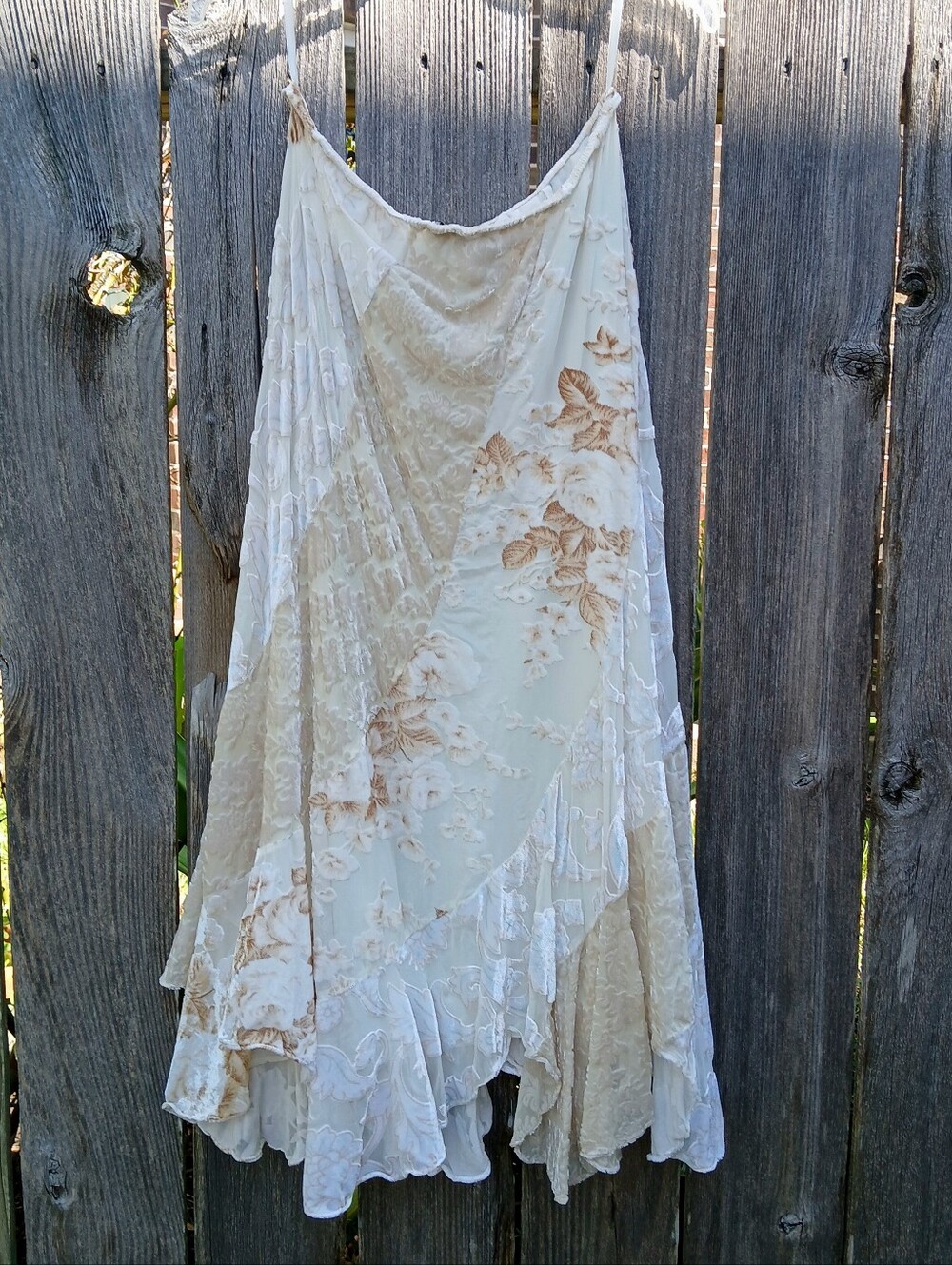 VTG 90s Bloomingdales Silk Skirt Fishtail Burnout Cream Antique White Tan Sz L